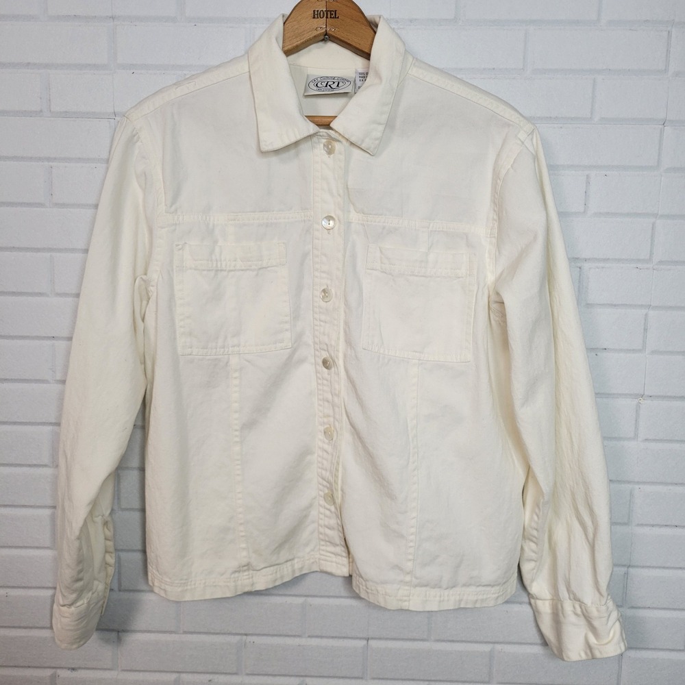 Vtg 1990s CRT Wolf Applique Shacket Sz L Cream Denim Western Rustic Jacket - Picture 3 of 9